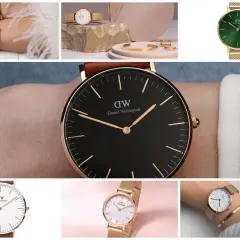 Kolaż zdjęć damskich zegarków Daniel Wellington w różnych stylach i kolorach.