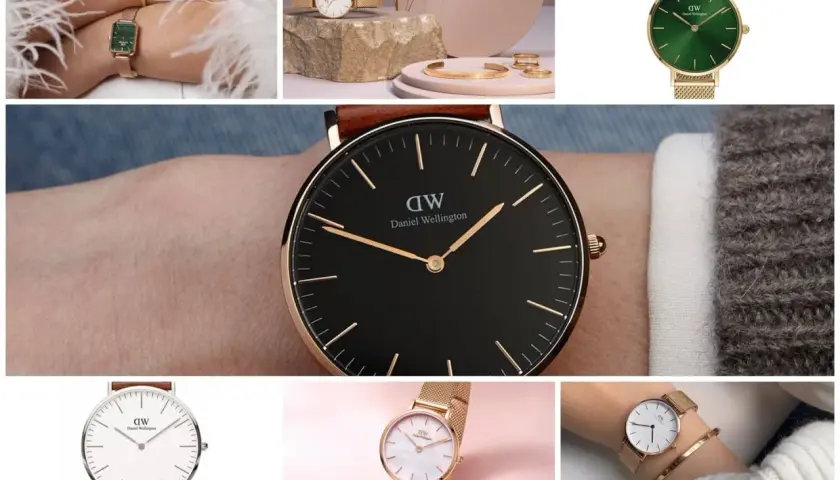 Kolaż zdjęć damskich zegarków Daniel Wellington w różnych stylach i kolorach.